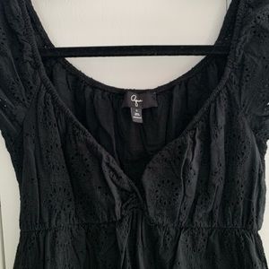Midi Length Eyelet Black Dress - Short Sleeve